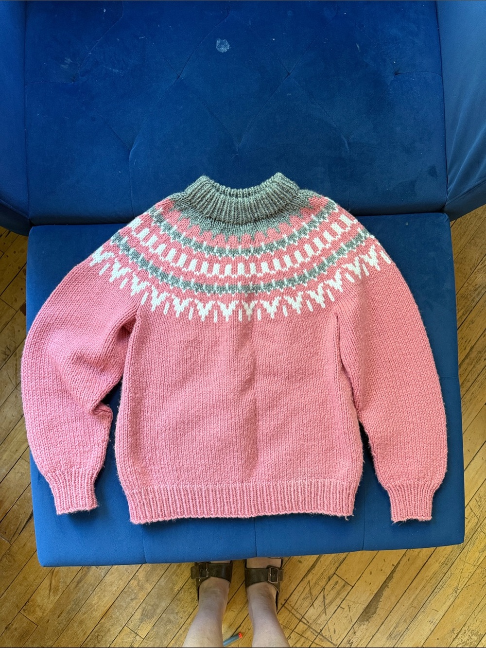 Women's Pink Fair Isle Turtleneck Sweater with Gray Yoke - Picture 1 of 3